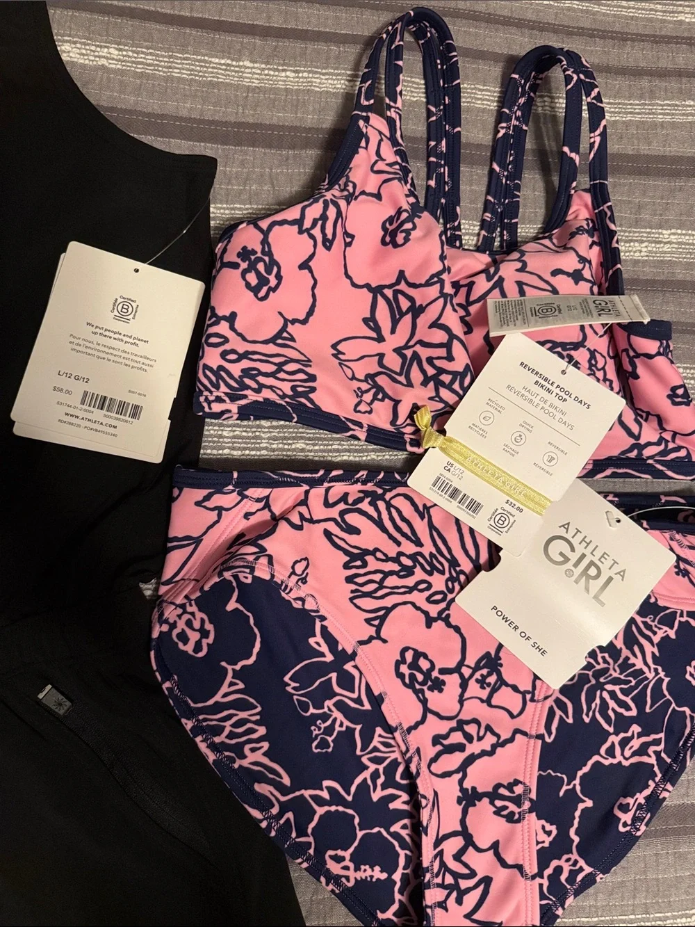 Athleta Girl NWT Pink & Navy Floral Reversible Bikini Set + Black Romper Size 12
